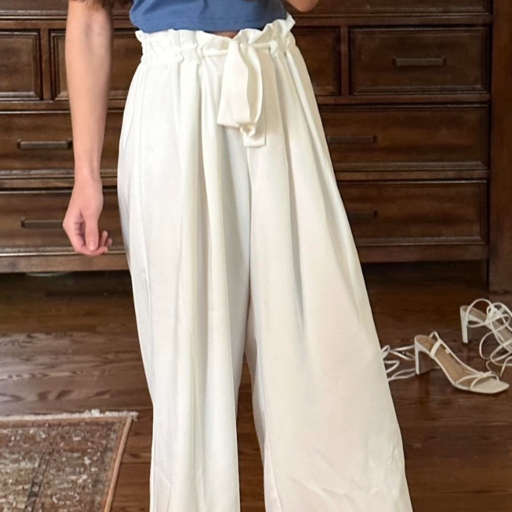 Anthropologie SkiesAreBlue white wide leg crop pants, Sash & elastic waist SMALL